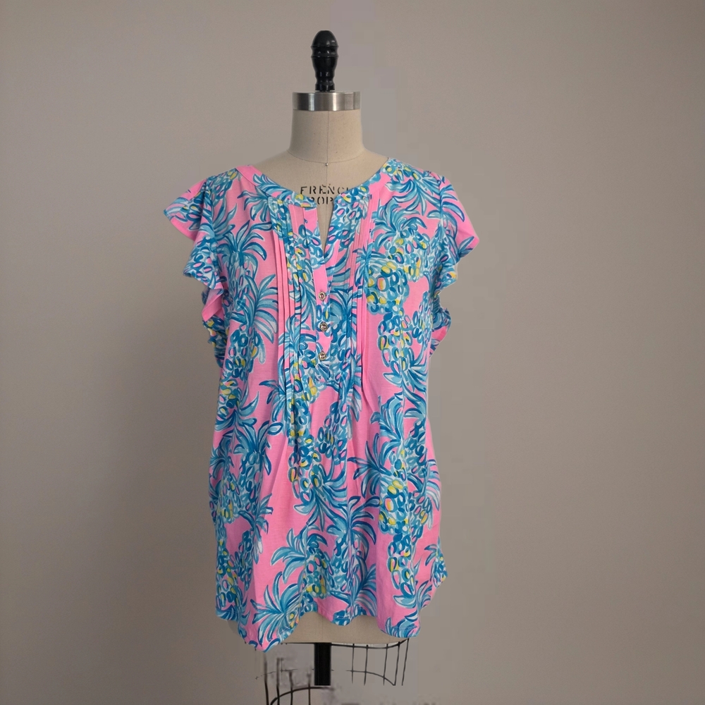 Lilly Pulitzer Tropical Pink Pineapple Print Blouse XL